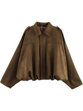 Women's Maroon Faux Suede Oversized Bomber Jacket ZIP Up Long Sleeve Coat